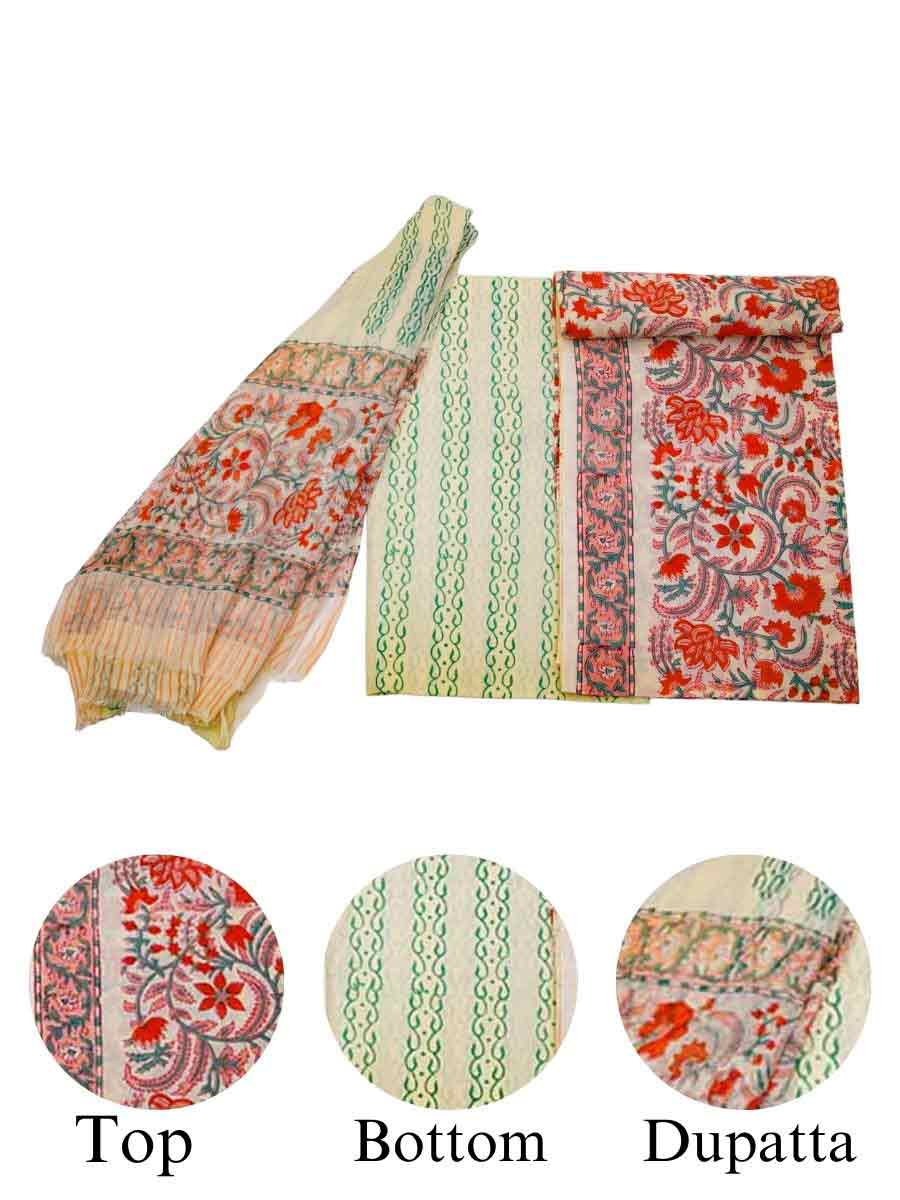 Green Cotton Dabu Print Style Unstitiched Dress Material