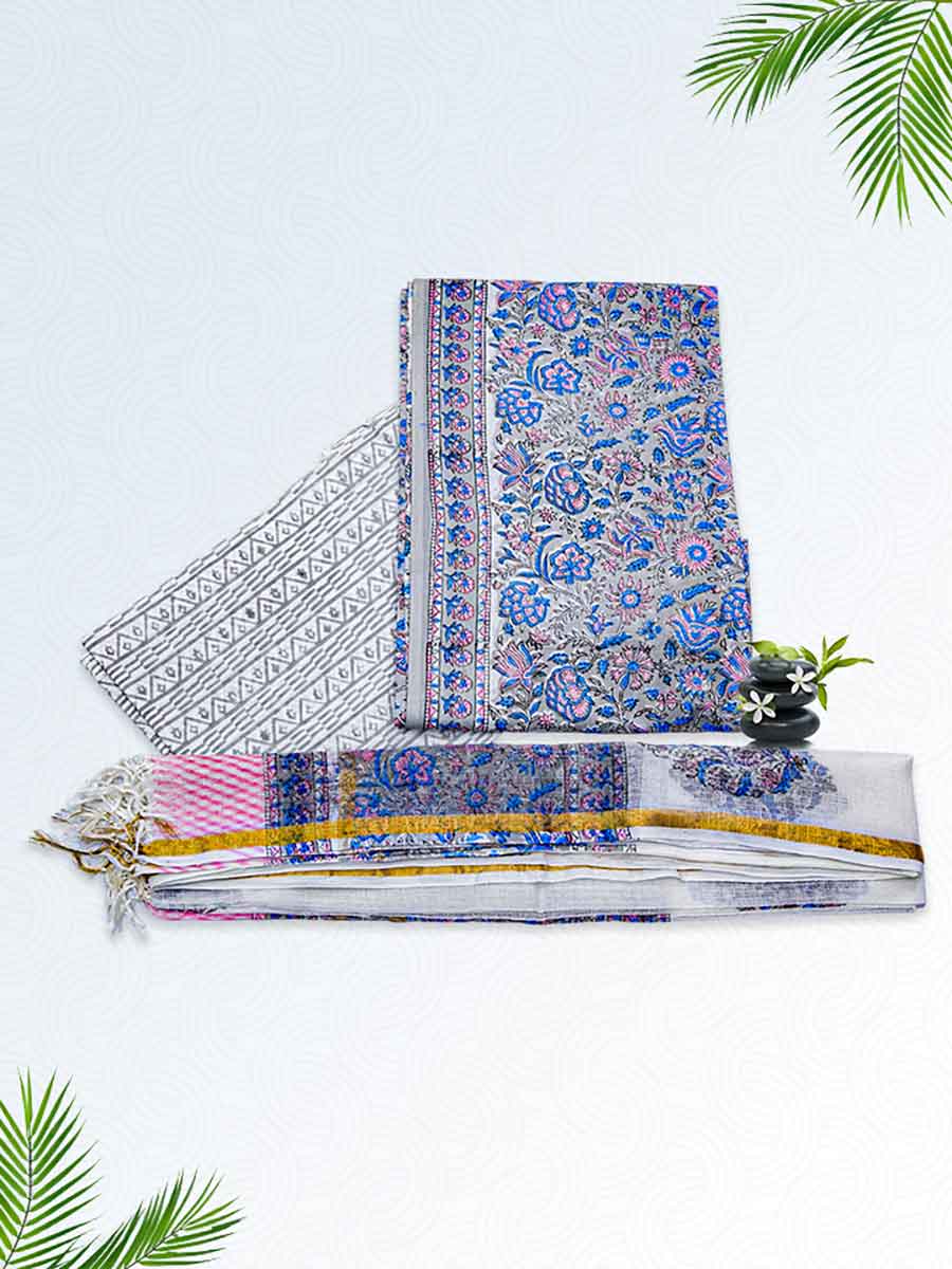 Blue Cotton Dabu Print Style Unstitiched Dress Material
