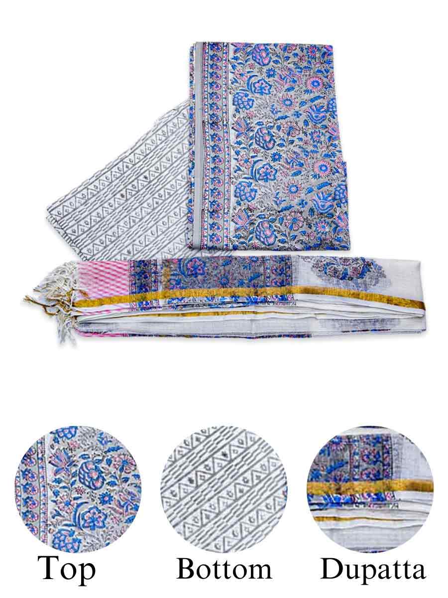 Blue Cotton Dabu Print Style Unstitiched Dress Material