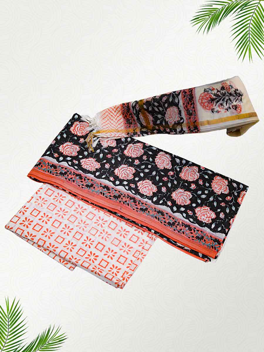 Black Cotton Bagru Print Style Unstitiched Dress Material