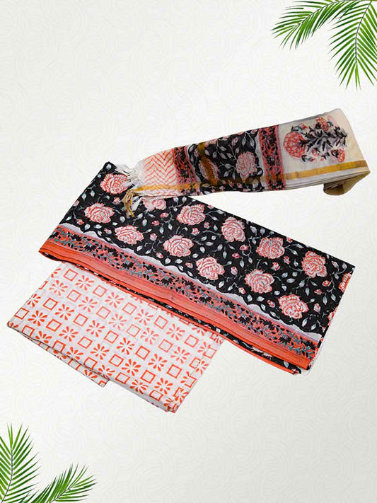 Black Cotton Bagru Print Style Unstitiched Dress Material