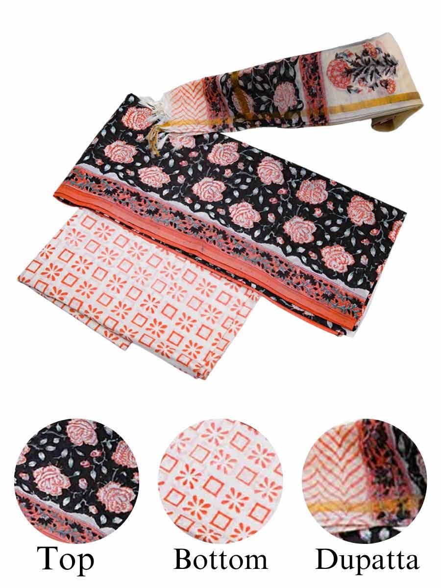 Black Cotton Bagru Print Style Unstitiched Dress Material