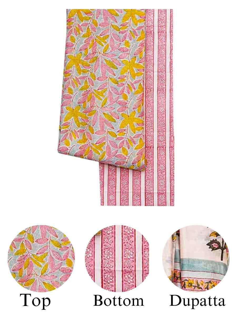 Pink Chanderi Bagru Print Style Unstitiched Dress Material