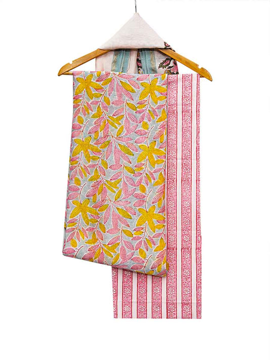 Pink Chanderi Bagru Print Style Unstitiched Dress Material