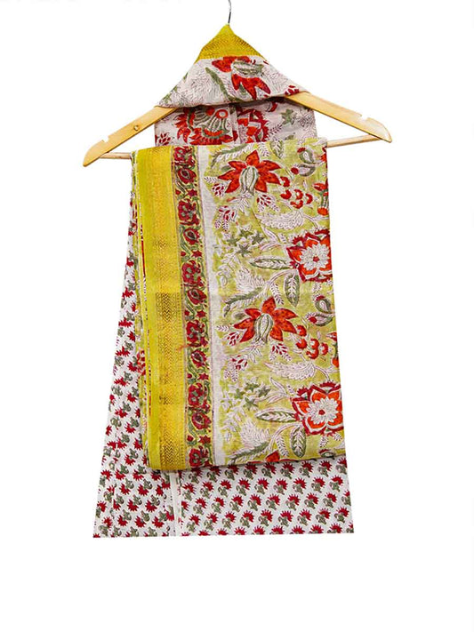 Yellow Chanderi Dabu Print Style Unstitiched Dress Material