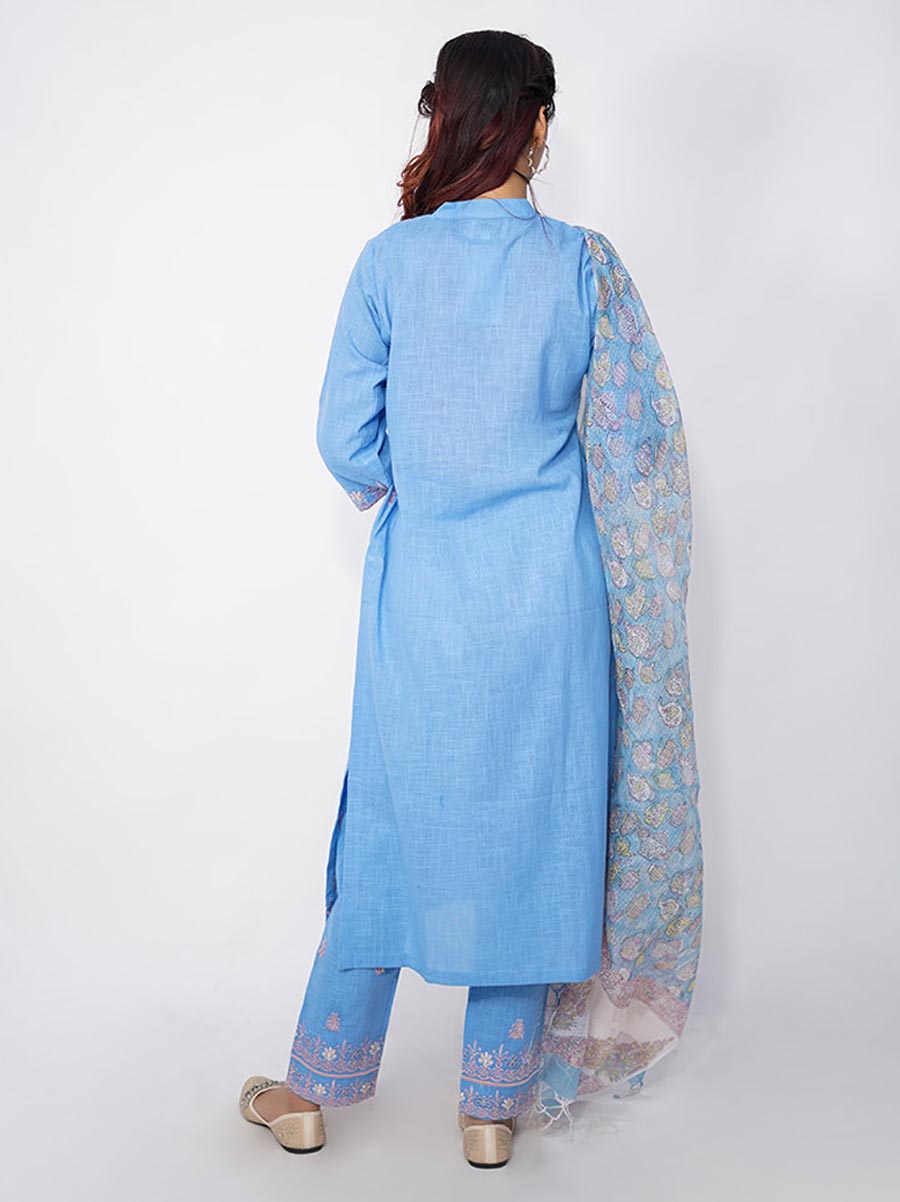 Blue Machine Work Linen Kurta
