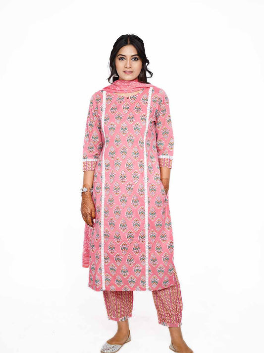 Pink Bagru Print Cotton Kurta