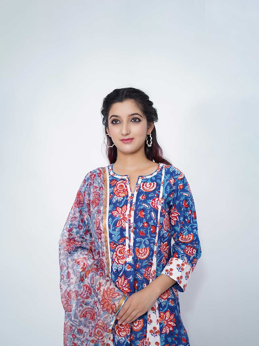 Blue Kalamkari Print Cotton Kurta
