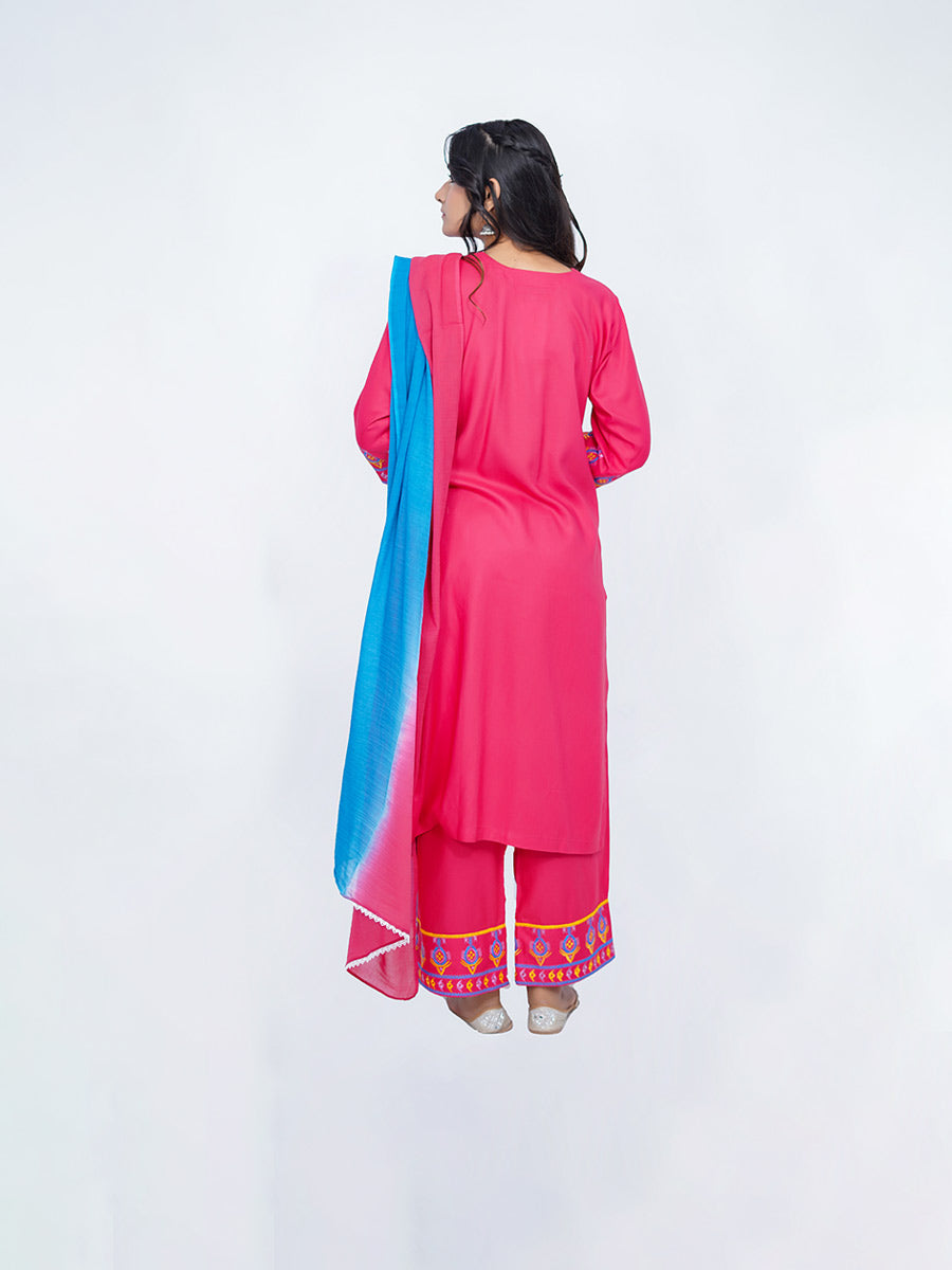 Pink Embroidered Rayon Kurta