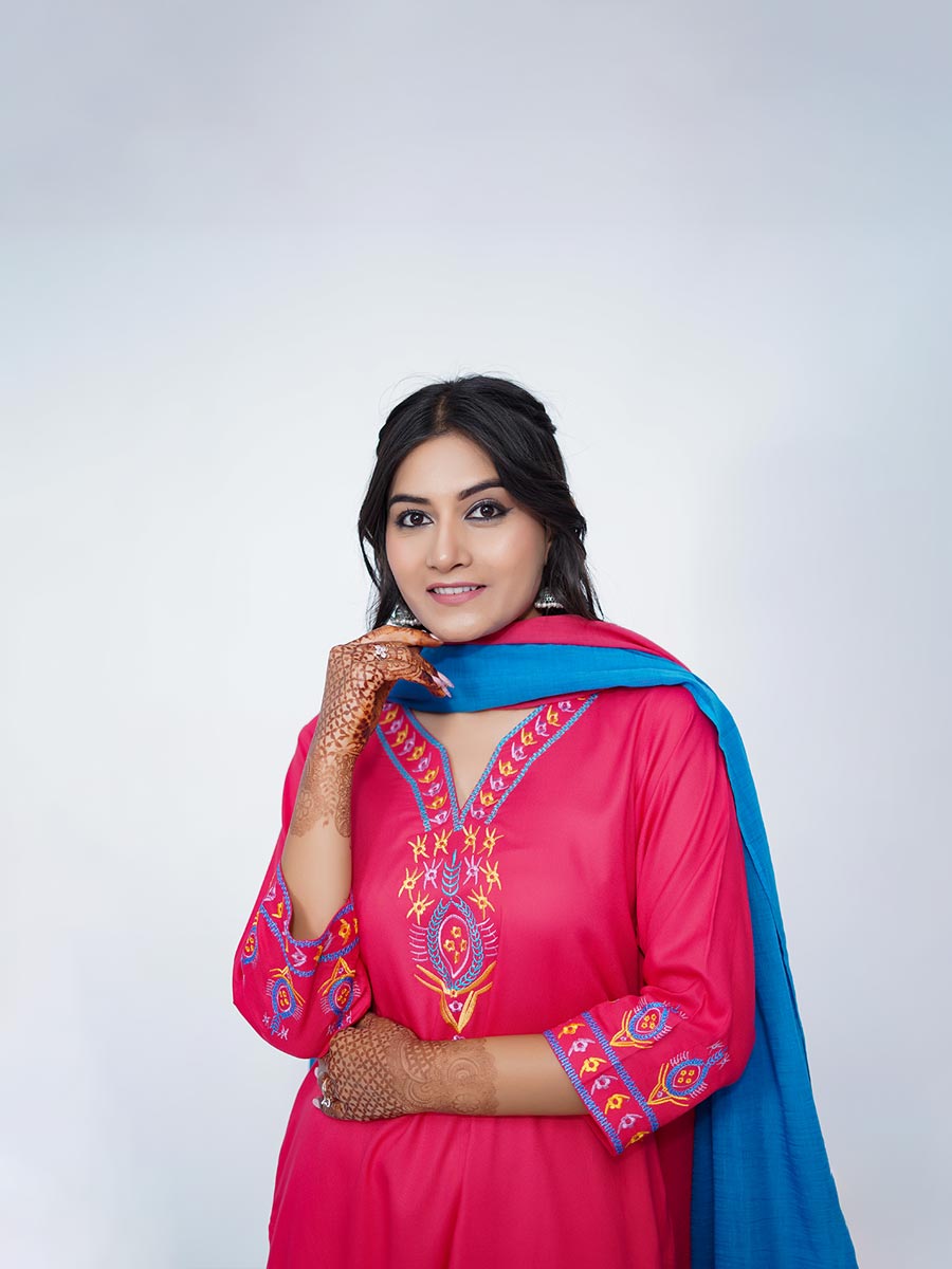 Pink Embroidered Rayon Kurta