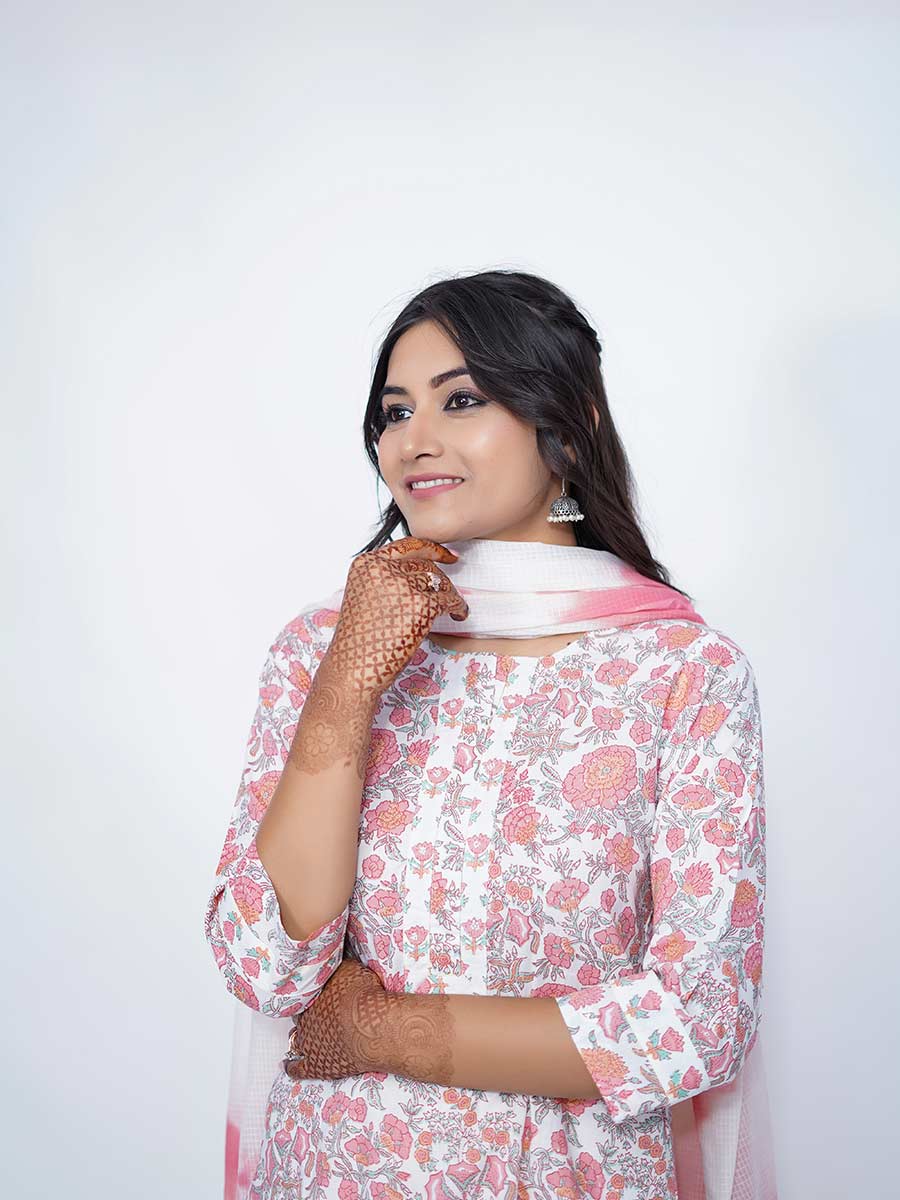 Pink Bagru Print Cotton Kurta