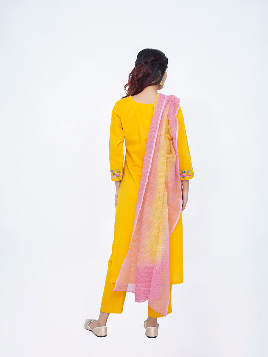 Yellow Machine Work Cotton Kurta