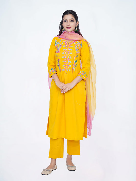 Yellow Machine Work Cotton Kurta