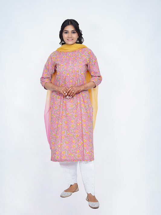 Pink Bagru Print Cotton Kurta