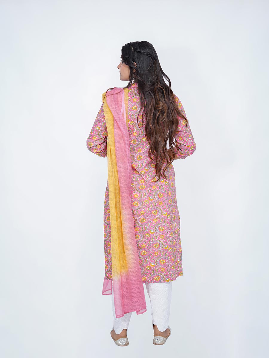 Pink Bagru Print Cotton Kurta