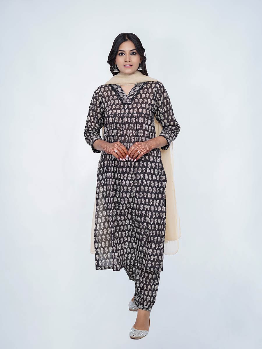 Black Block Print Cotton Kurta