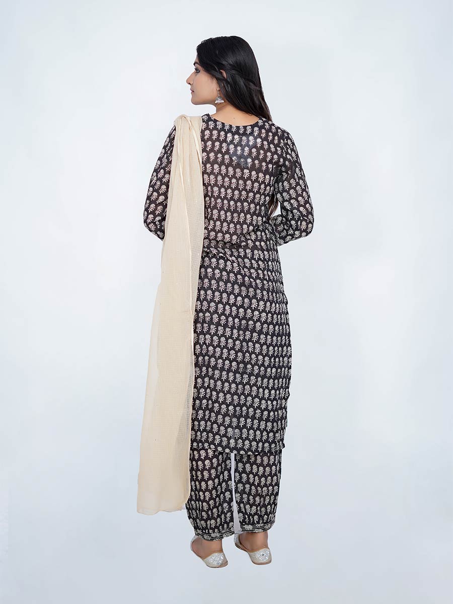 Black Block Print Cotton Kurta