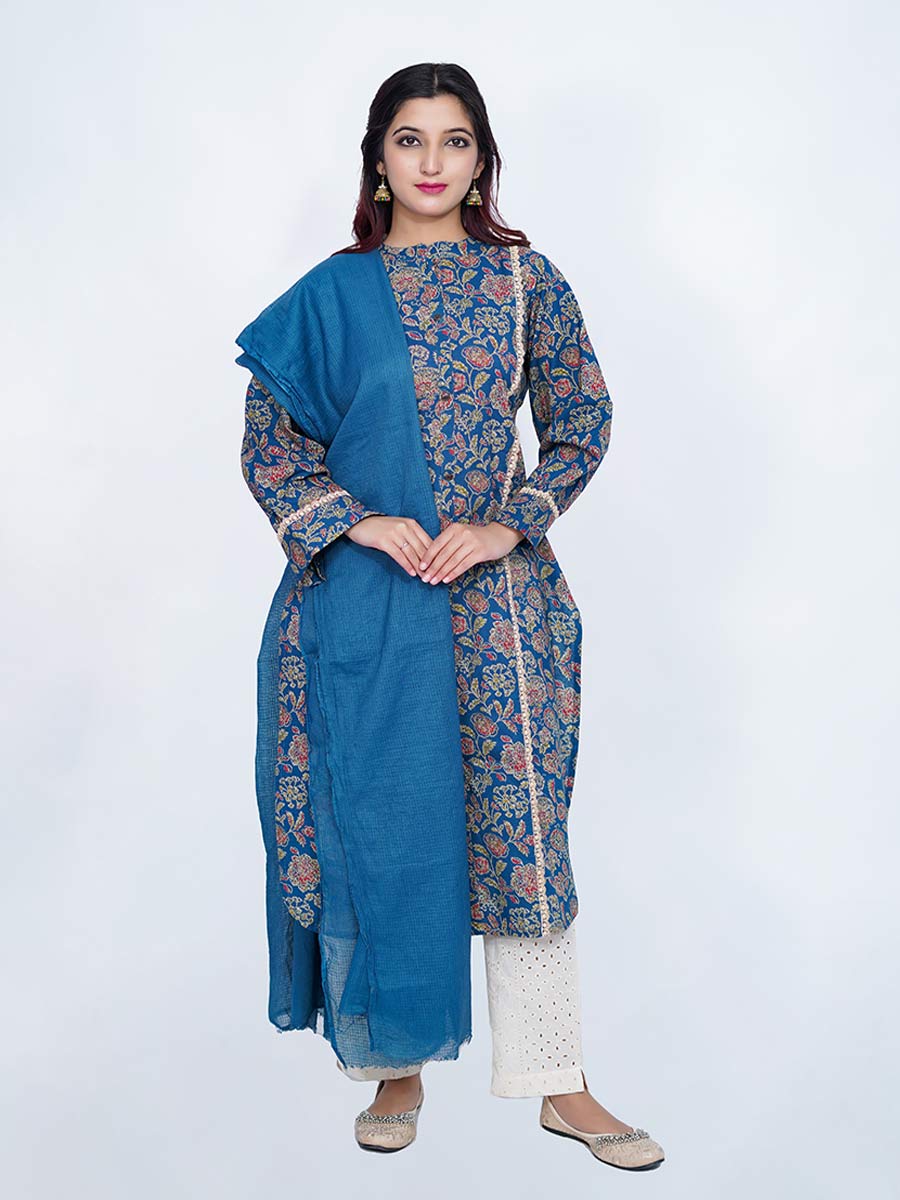 Blue Kalamkari Print Cotton Kurta