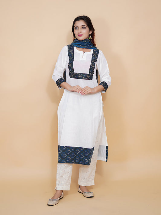 White Plain Kurta with Border Neck