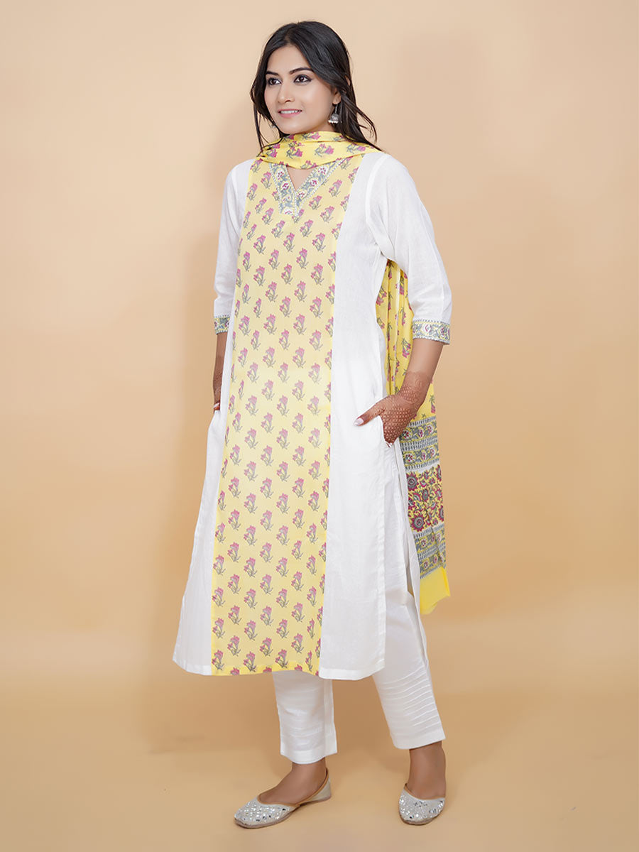 Yellow Block Print Cotton Kurta