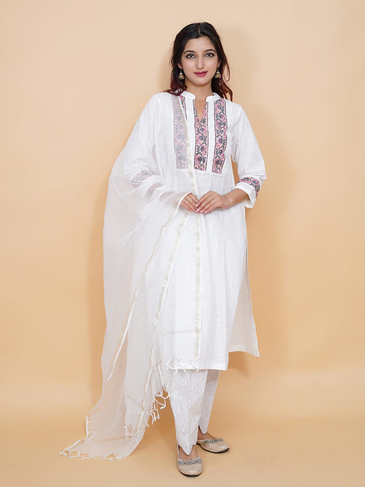 White Plain Kurta with Border Neck