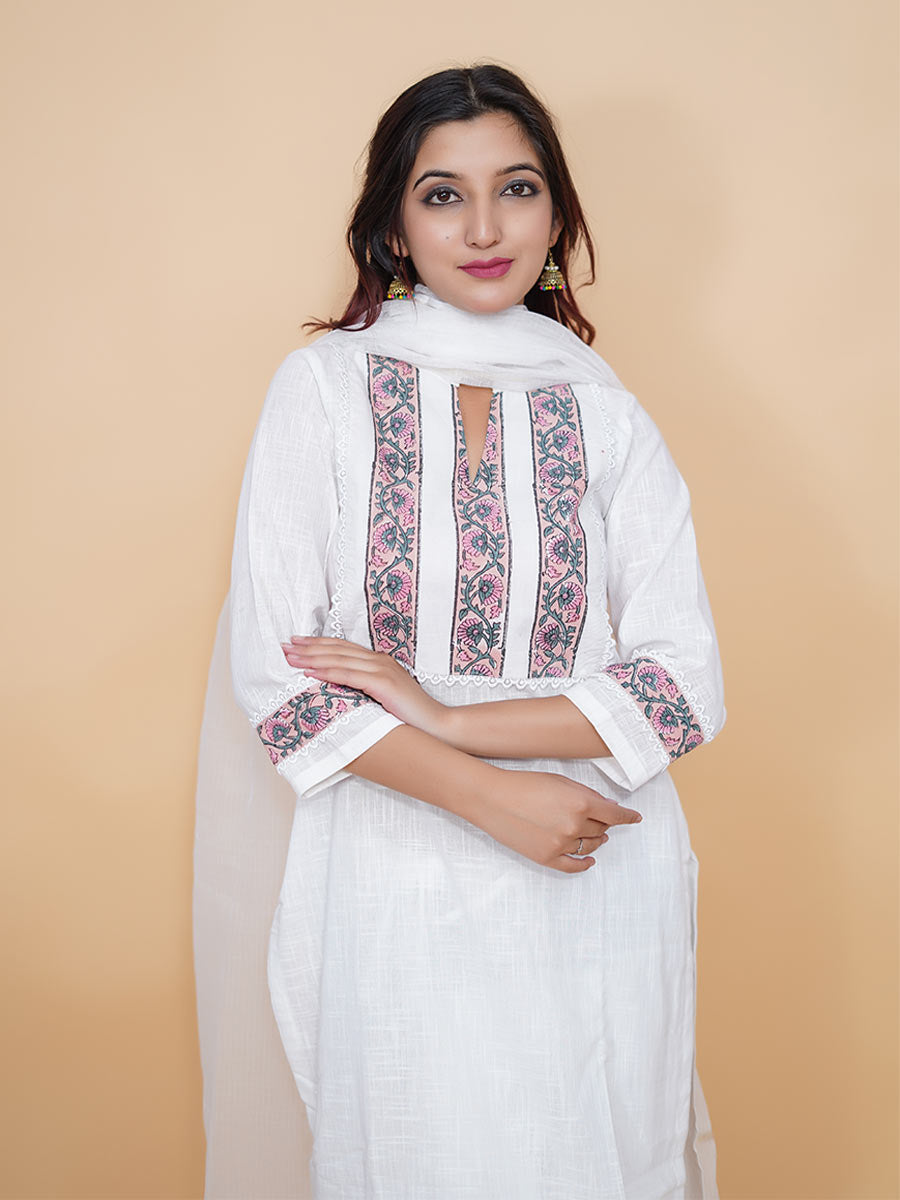 White Plain Kurta with Border Neck