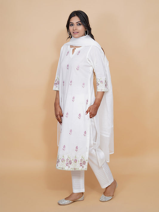 White Machine Work Cotton Kurta