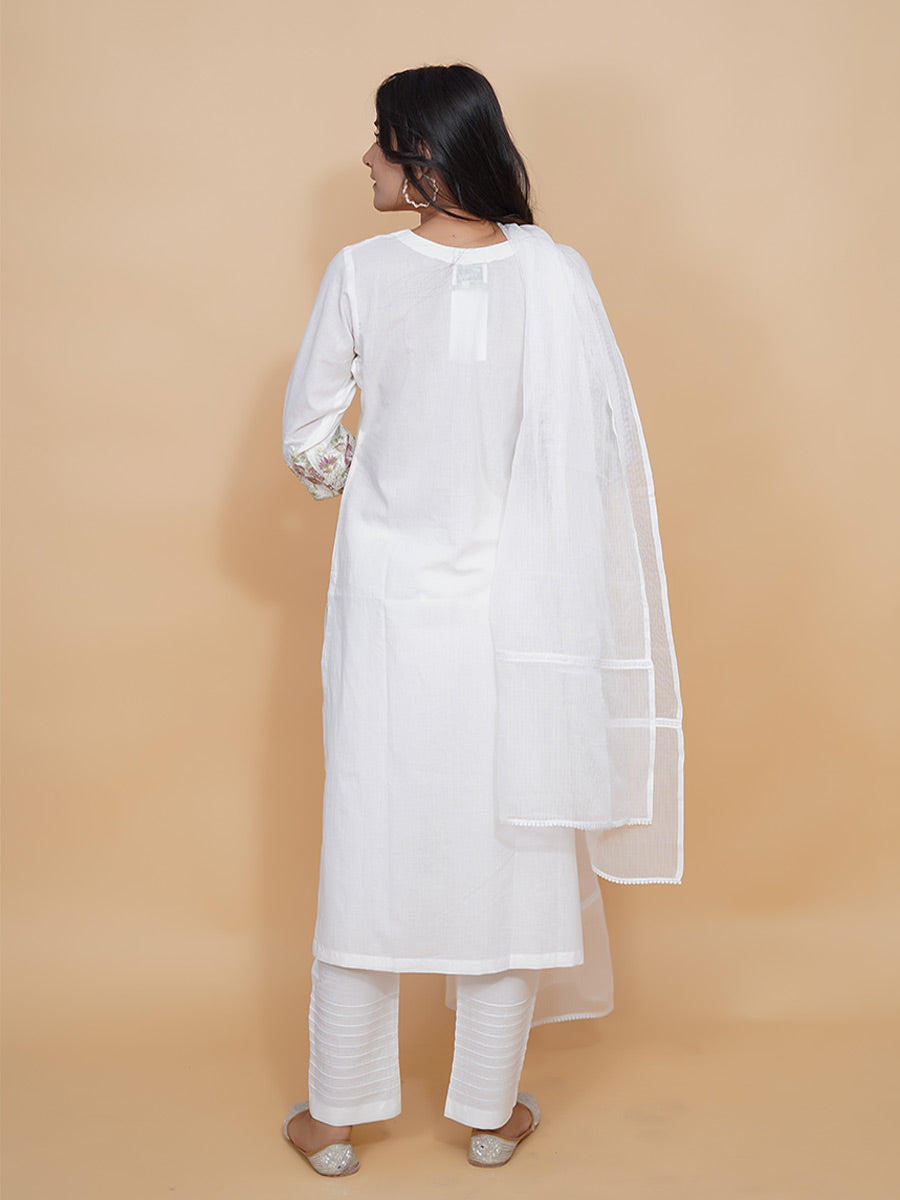 White Machine Work Cotton Kurta