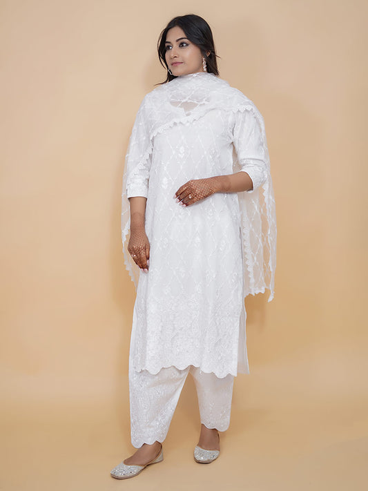 White Machine Work Organza Kurta