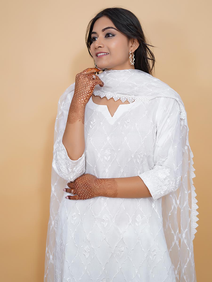 White Machine Work Organza Kurta