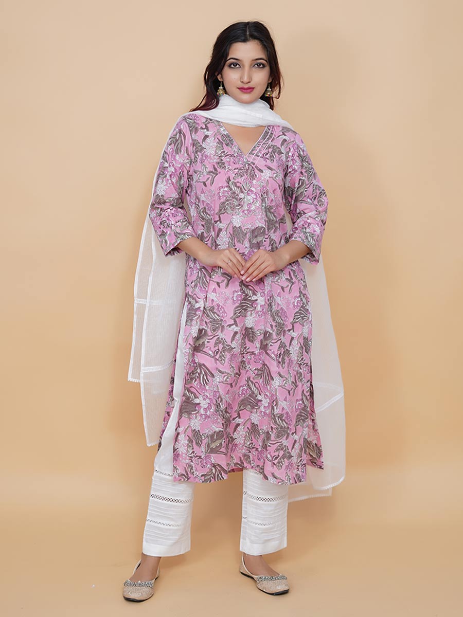 Pink Dabu Print Cotton Kurta