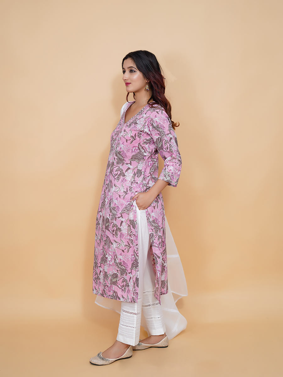 Pink Dabu Print Cotton Kurta