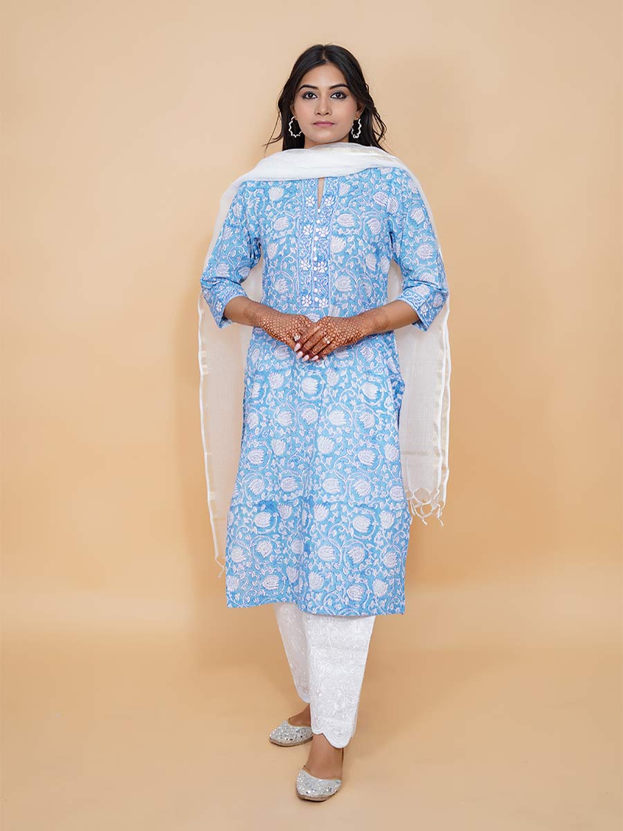 Blue Dabu Print Cotton Kurta