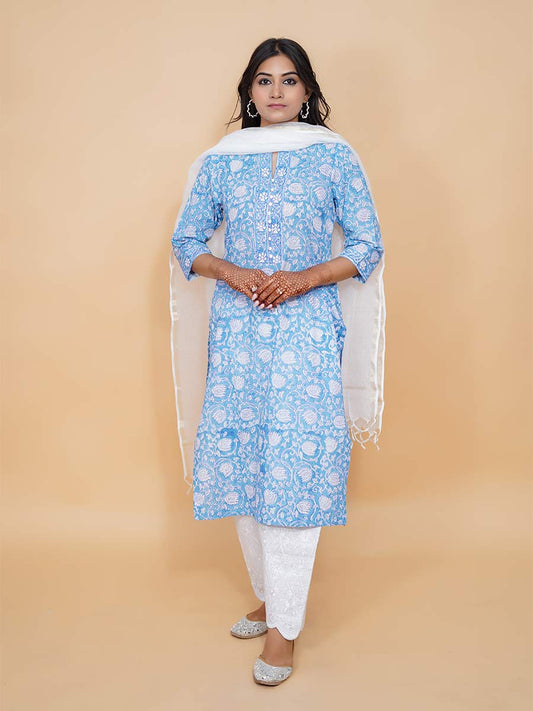 Blue Dabu Print Cotton Kurta