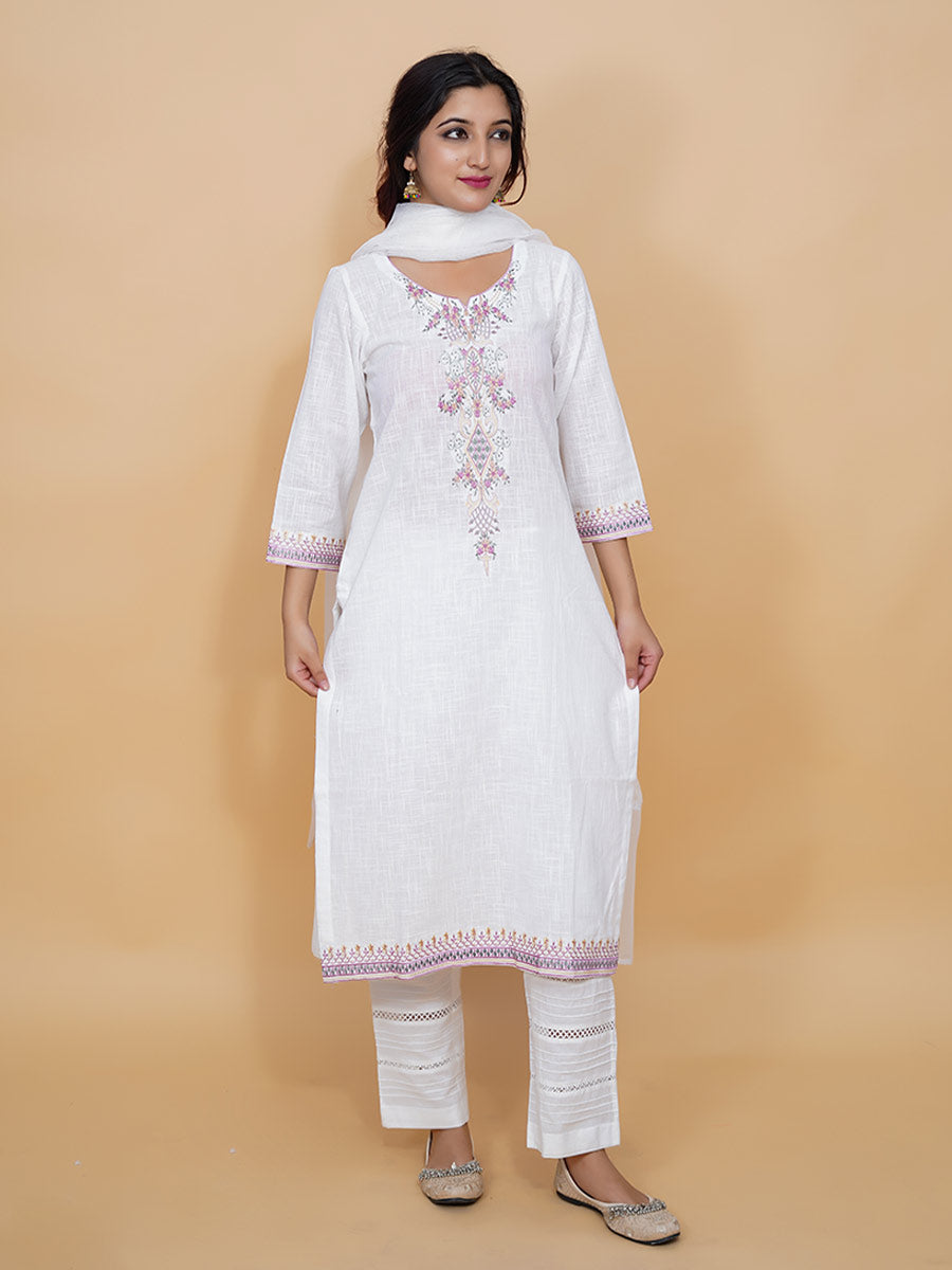 White Machine Work Cotton Kurta
