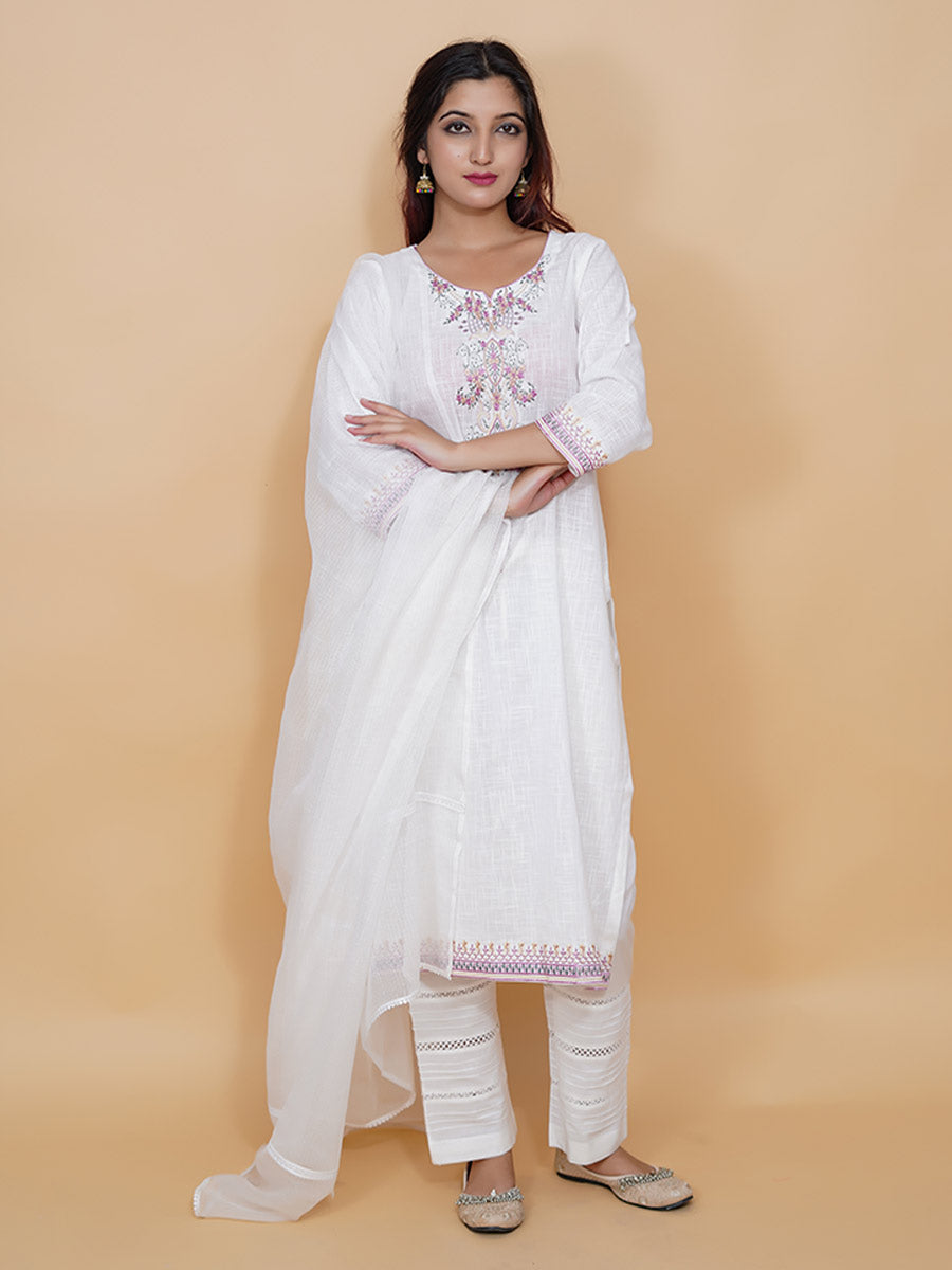 White Machine Work Cotton Kurta