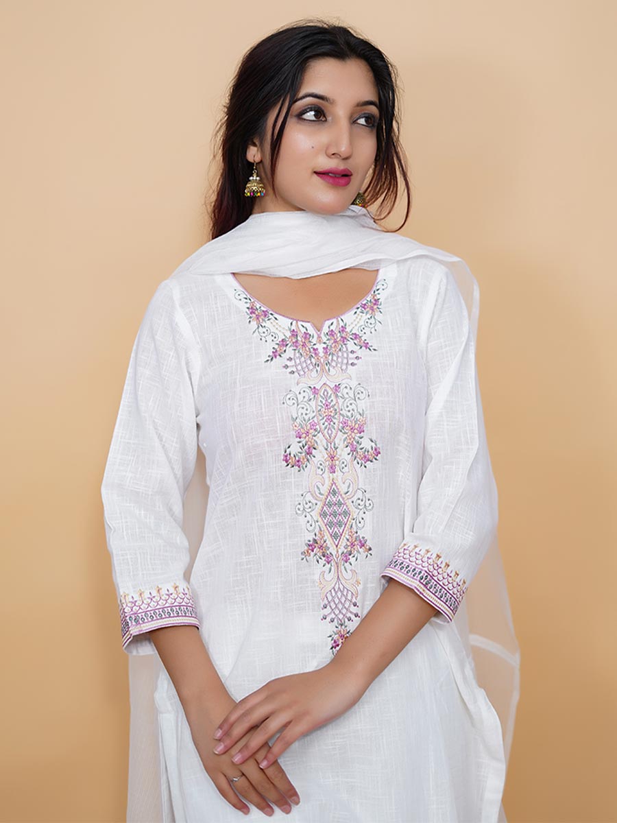 White Machine Work Cotton Kurta