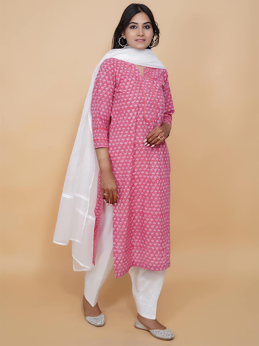 Pink Block Print Cotton Kurta