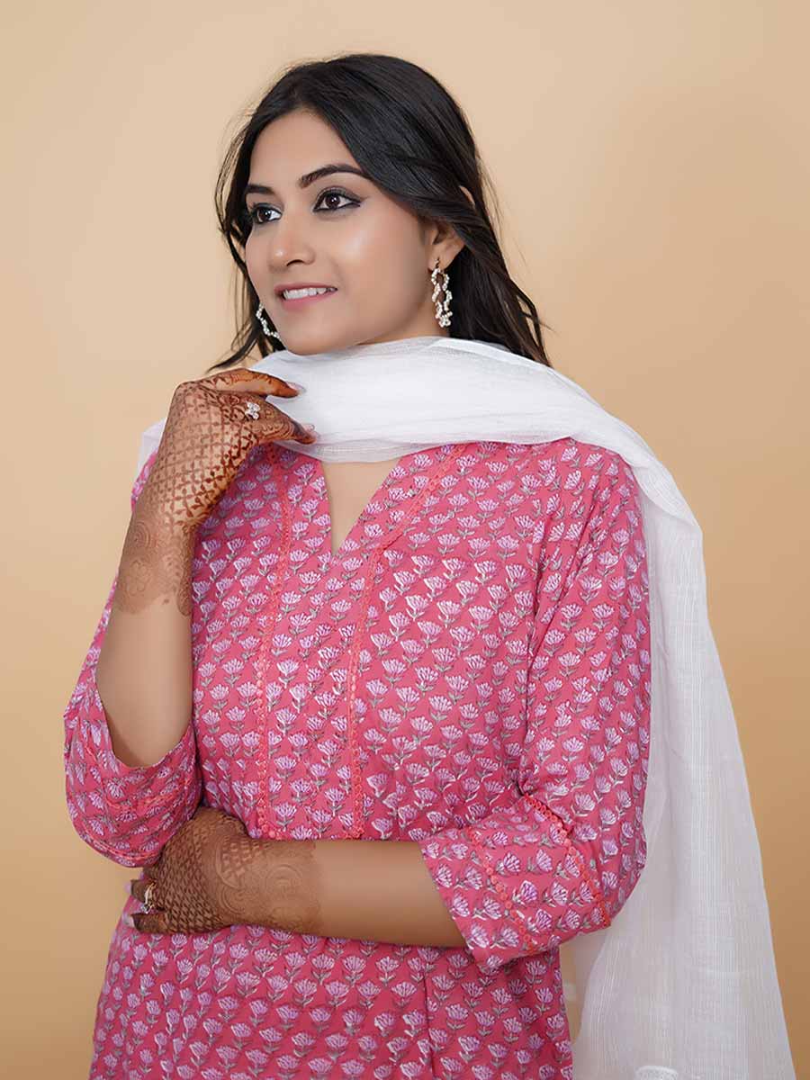 Pink Block Print Cotton Kurta