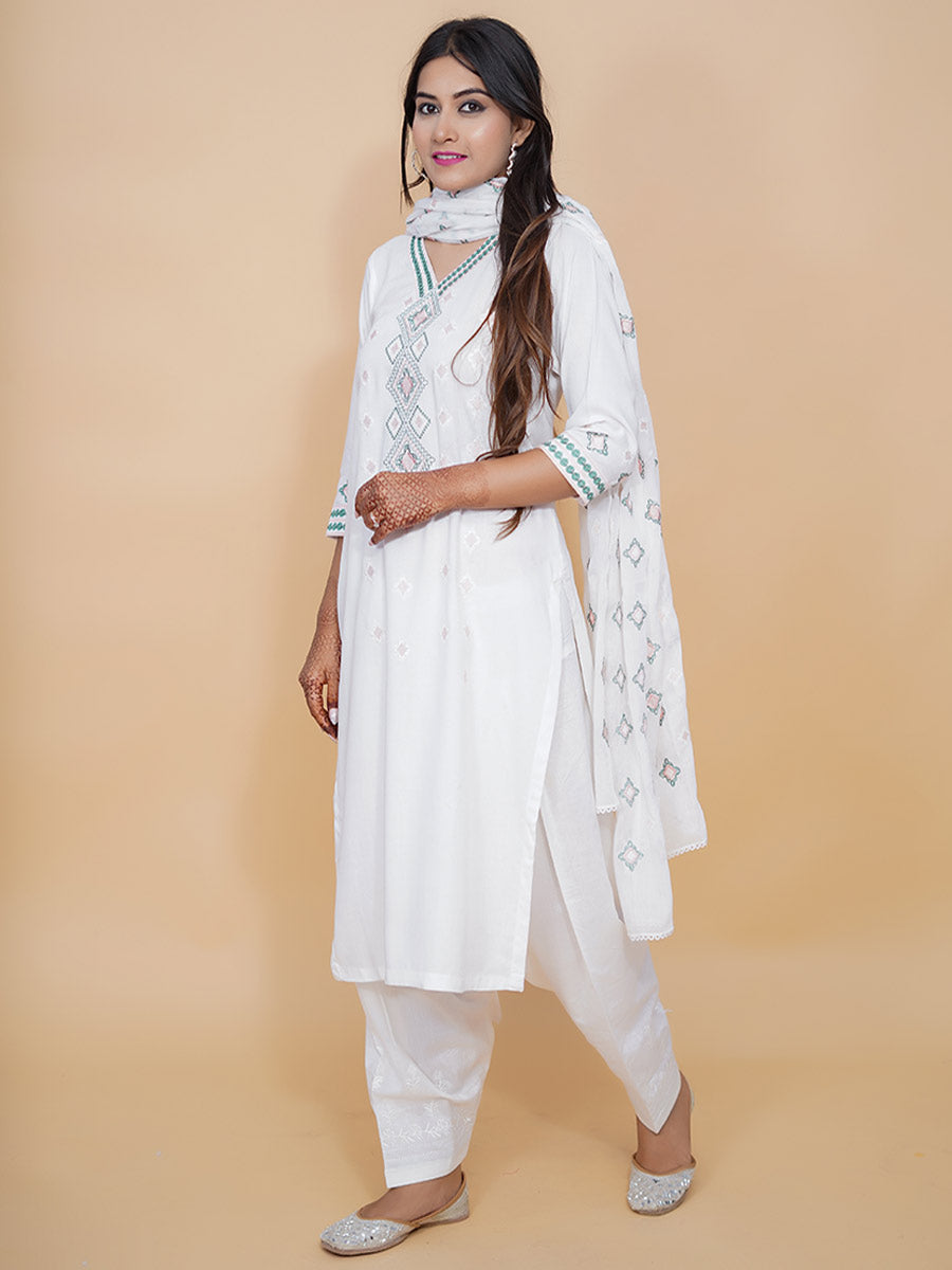 White Machine Work Cotton Kurta