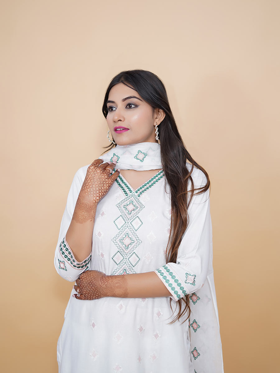 White Machine Work Cotton Kurta