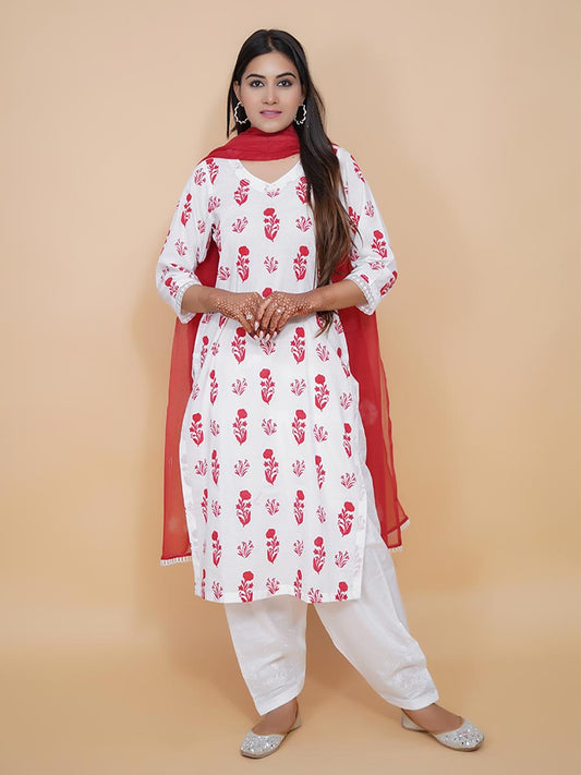 Red Block Print Cotton Kurta