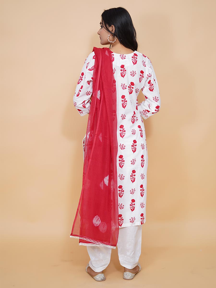 Red Block Print Cotton Kurta