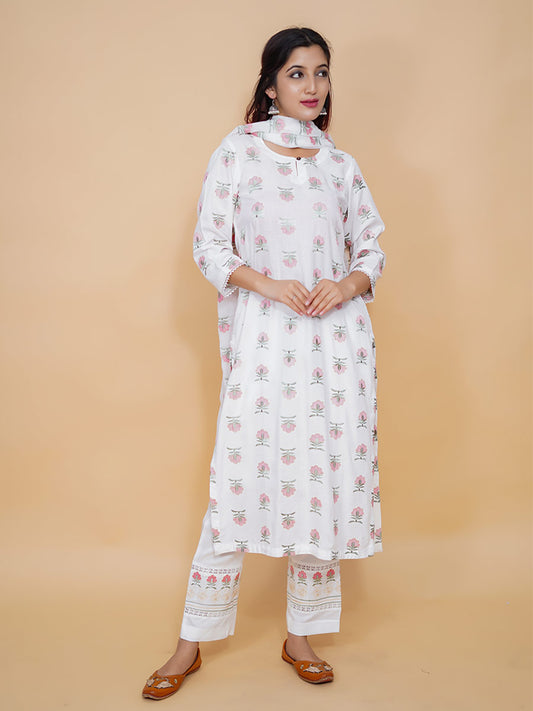 White Block Print Rayon Kurta