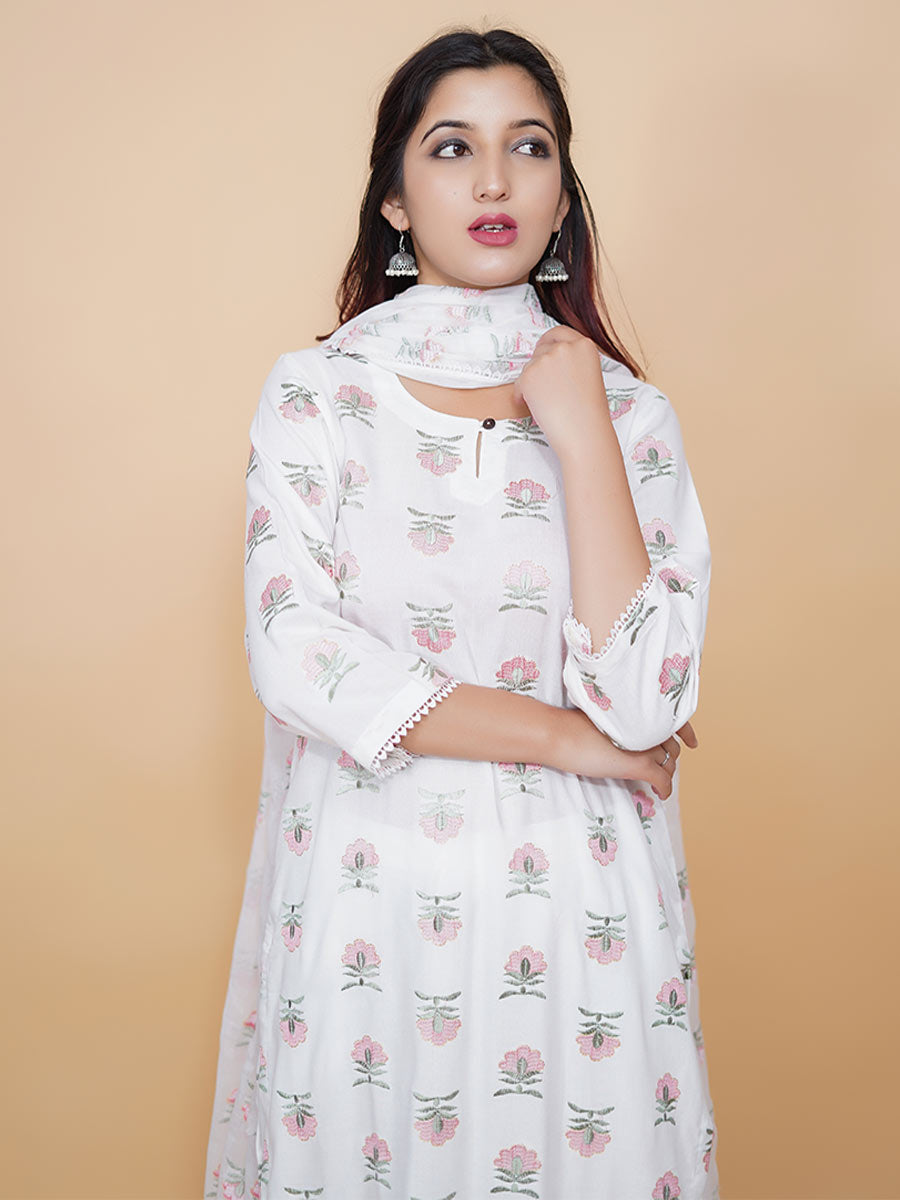 White Block Print Rayon Kurta