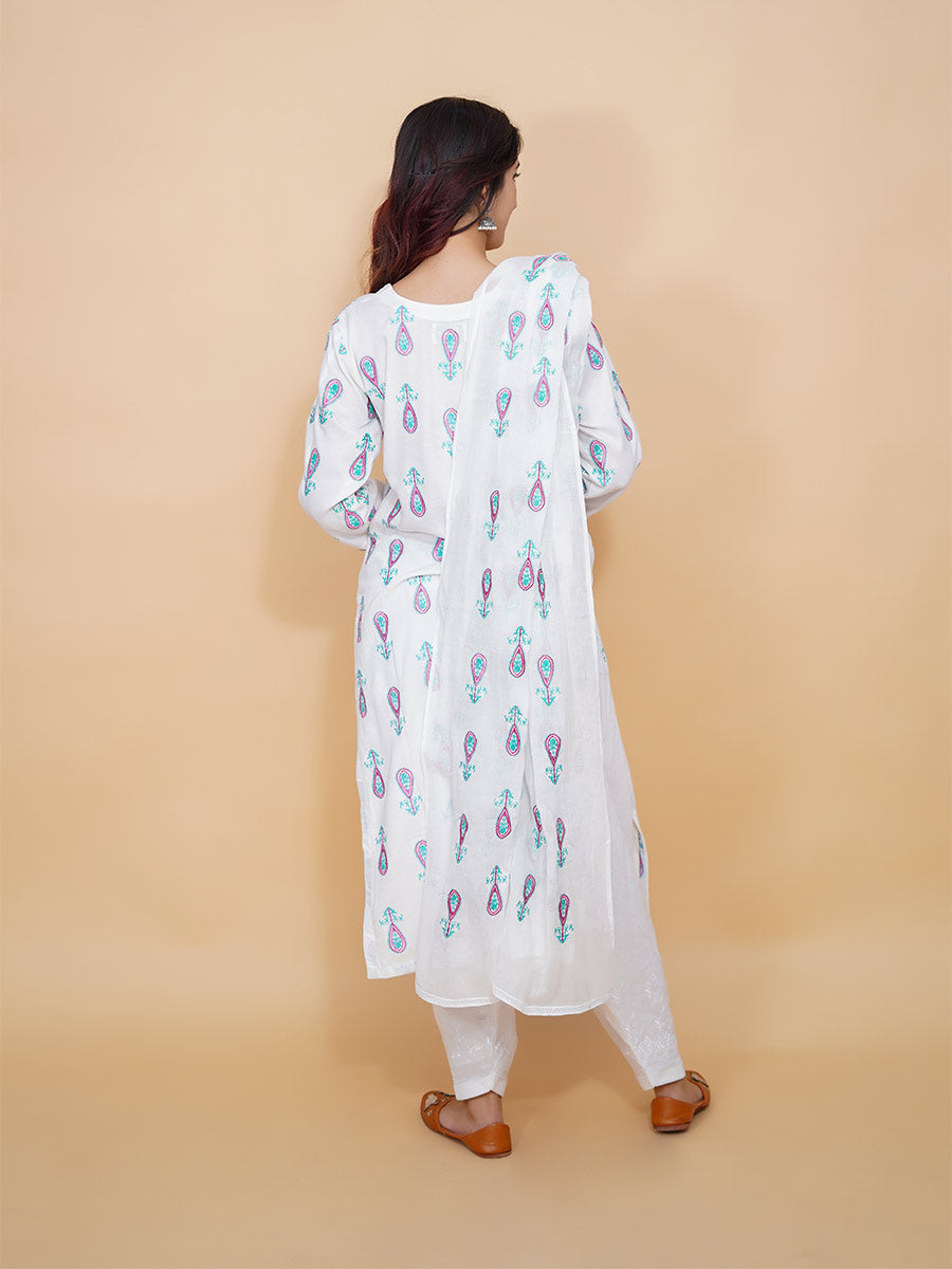 White Machine Work Rayon Kurta