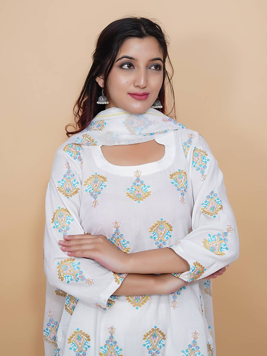 White Machine Work Rayon Kurta