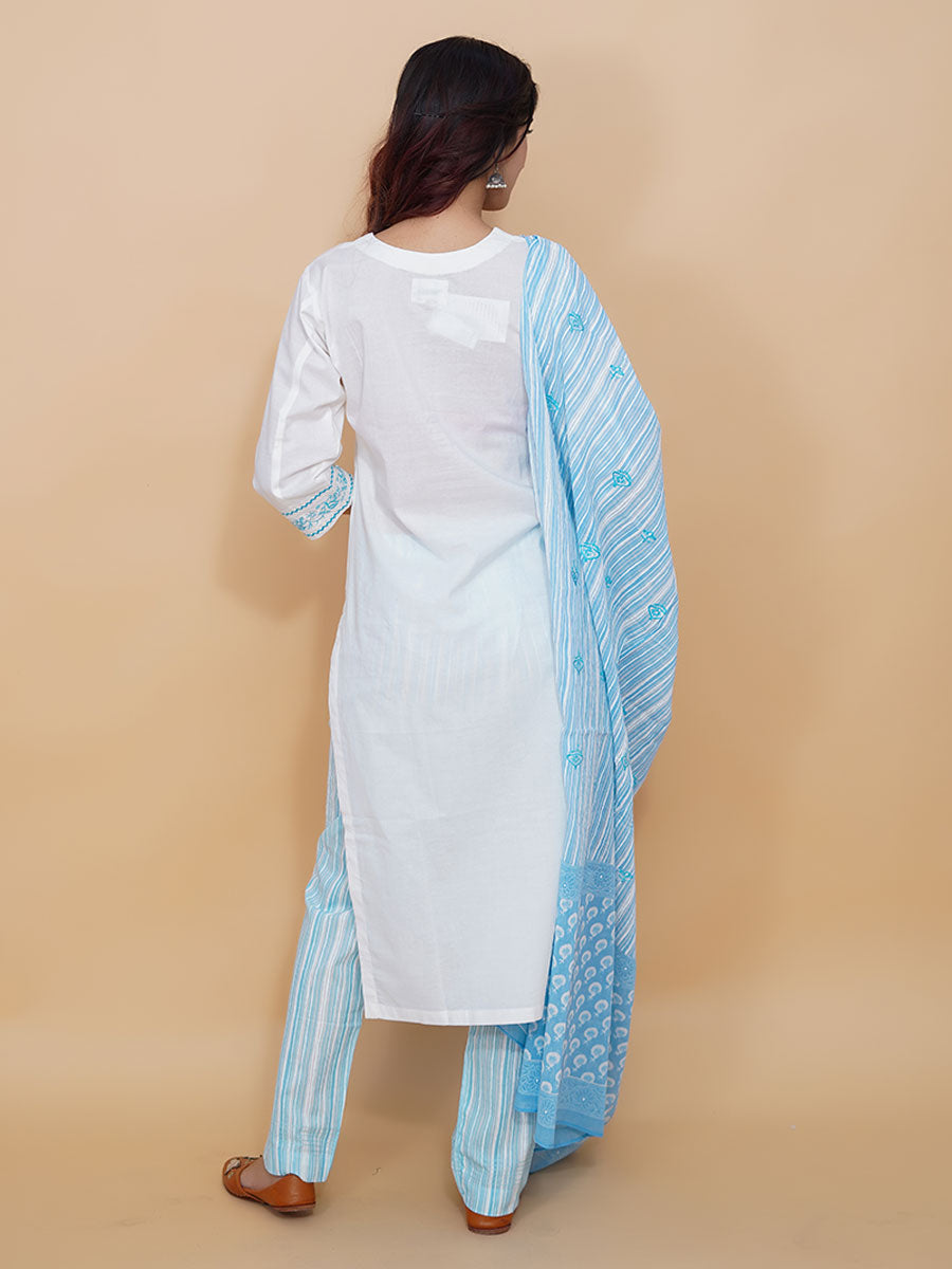 White Machine Work Cotton Kurta