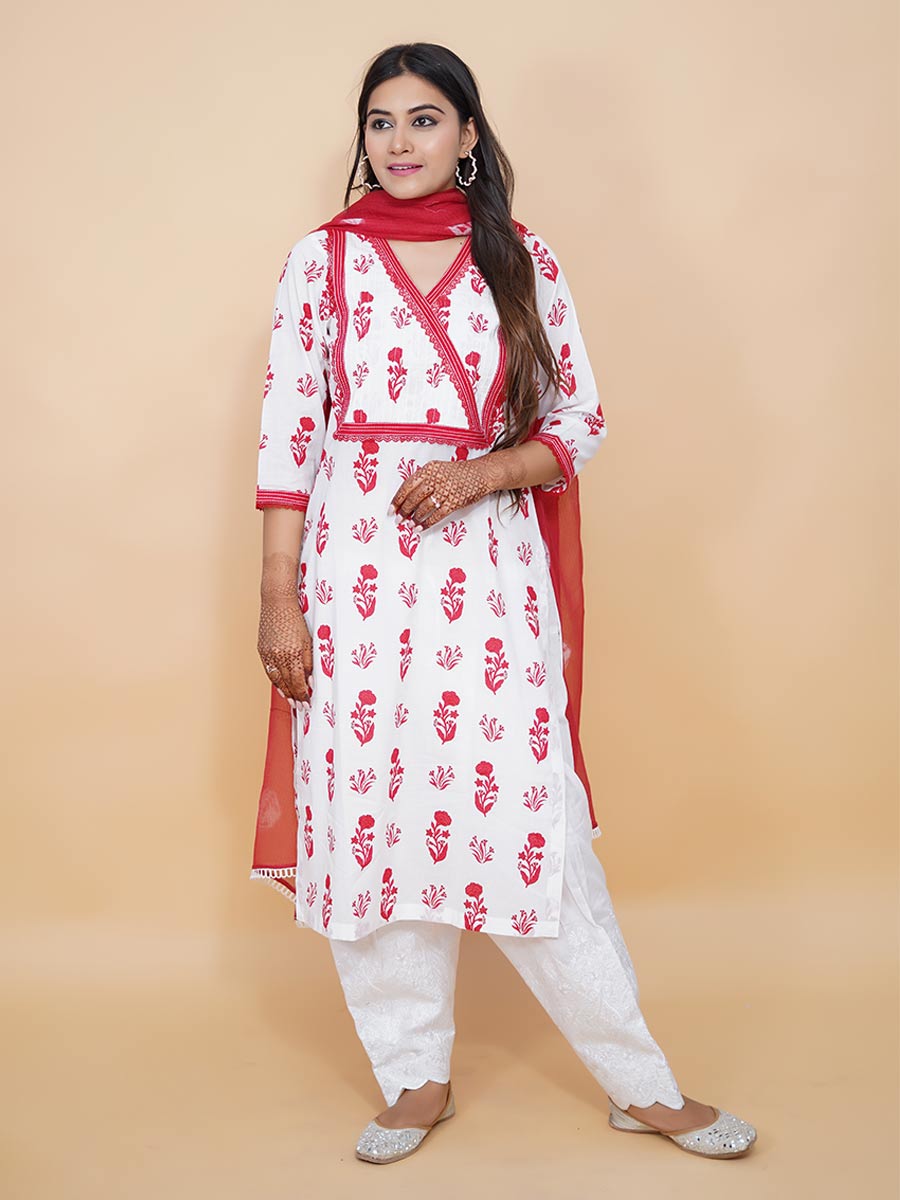 Red Block Print Cotton Kurta