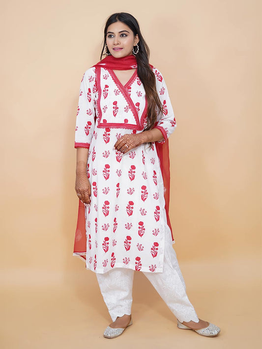 Red Block Print Cotton Kurta